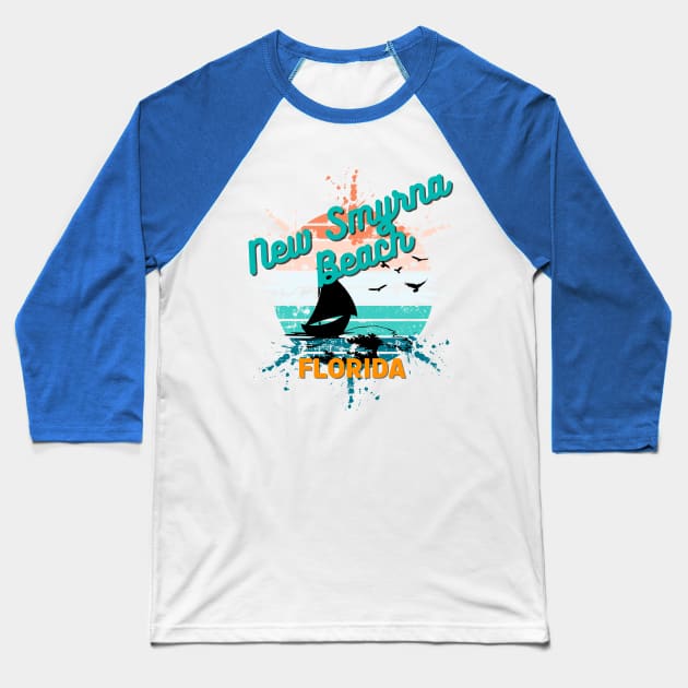 New Smyrna Beach Florida Retro Exploding Sunset Baseball T-Shirt by AdrianaHolmesArt